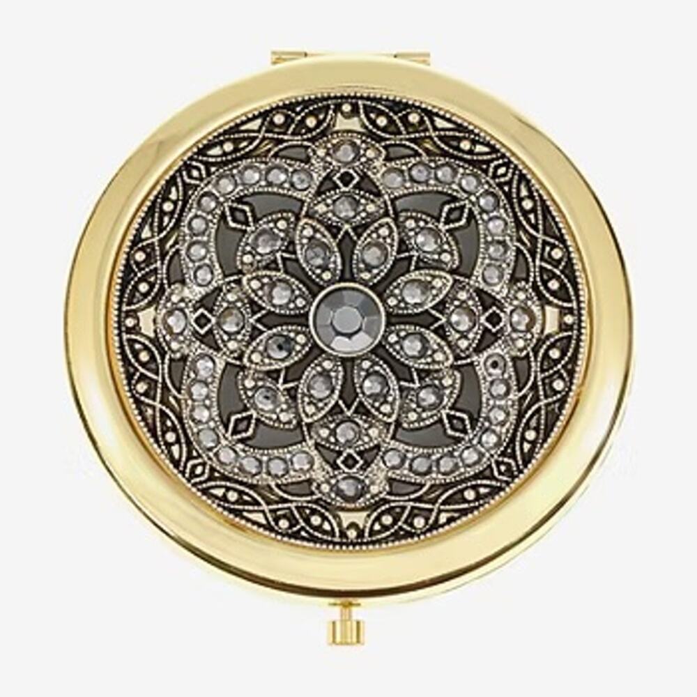 MONET Compact Mirror Gold Tone Rhinestone Filigree New in Box - Picture 2 of 5
